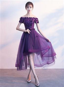 Picture of Dark Purple High Low Cute Off Shoulder Homecoming Dresses , Lovely Formal Dresses